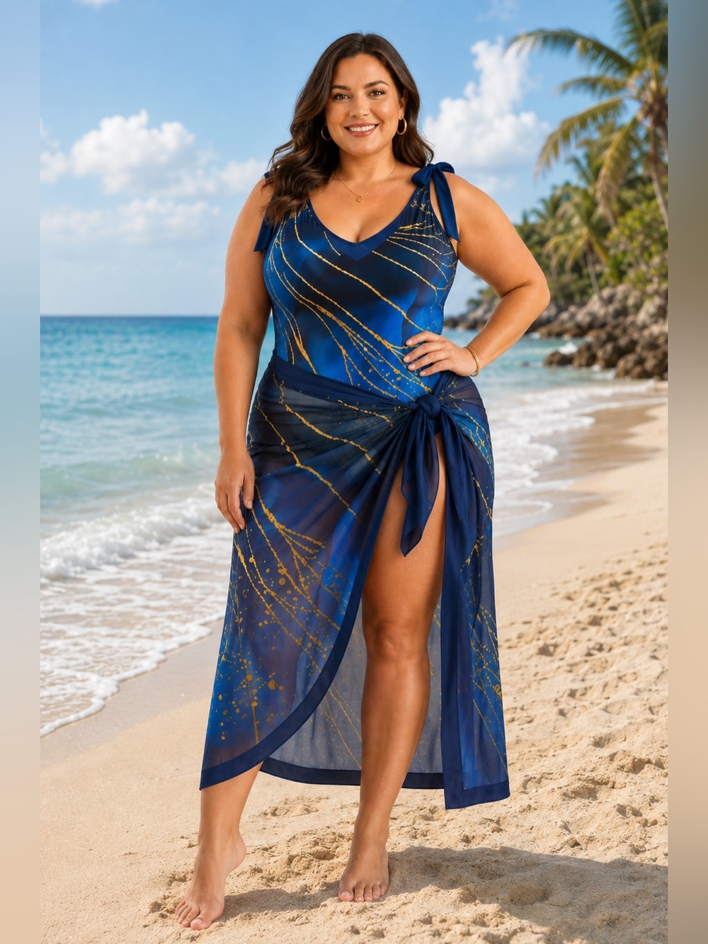 NEW Swimsuit + Sarong  Set,  blue and gold - #SW-SAR-0004
